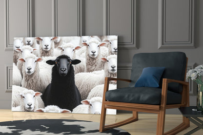 Glass wall art displaying a black lamb surrounded by white sheep, installed in a modern living room beside a wooden rocking chair.