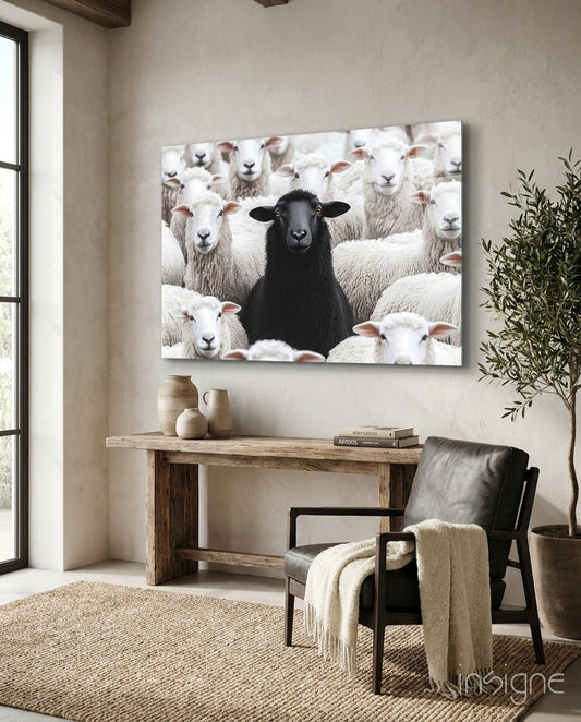Glass wall art depicting a black lamb surrounded by white sheep hanging above a wooden console table in a minimalist room.