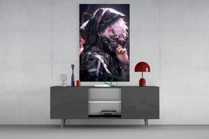 Shadow Queen Glass Wall Art mounted above gray media console, displaying character with pink and white hair wearing dark armor against dark background.