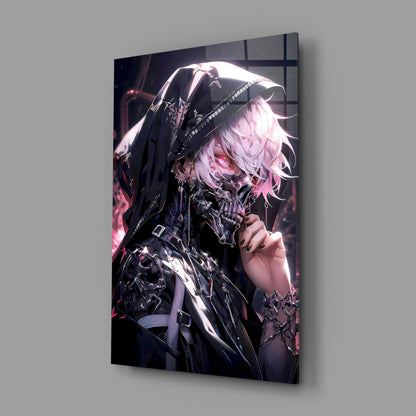 Glass wall art panel displaying an anime character with pink hair wearing black gothic armor against a dark pink and purple glowing background, shown at an angled perspective.
