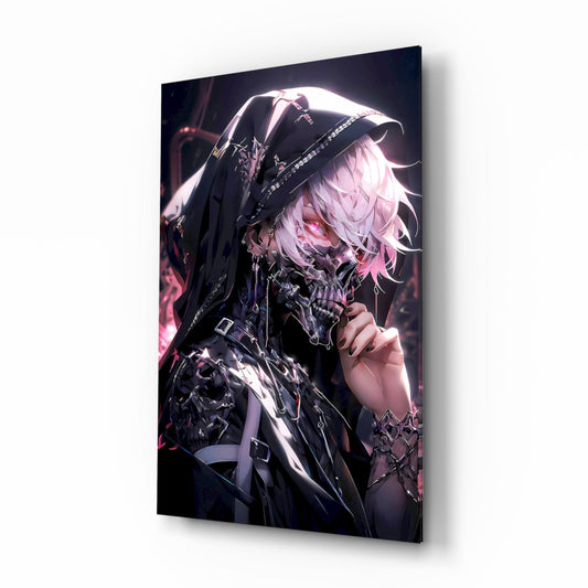 Angled three-quarter view of glass wall art depicting an anime character with pink hair and black ornate armor against a dark glowing background.