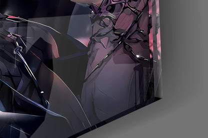 Close-up angled view of translucent glass wall art featuring purple and black abstract design with metallic accents and reflective surfaces.