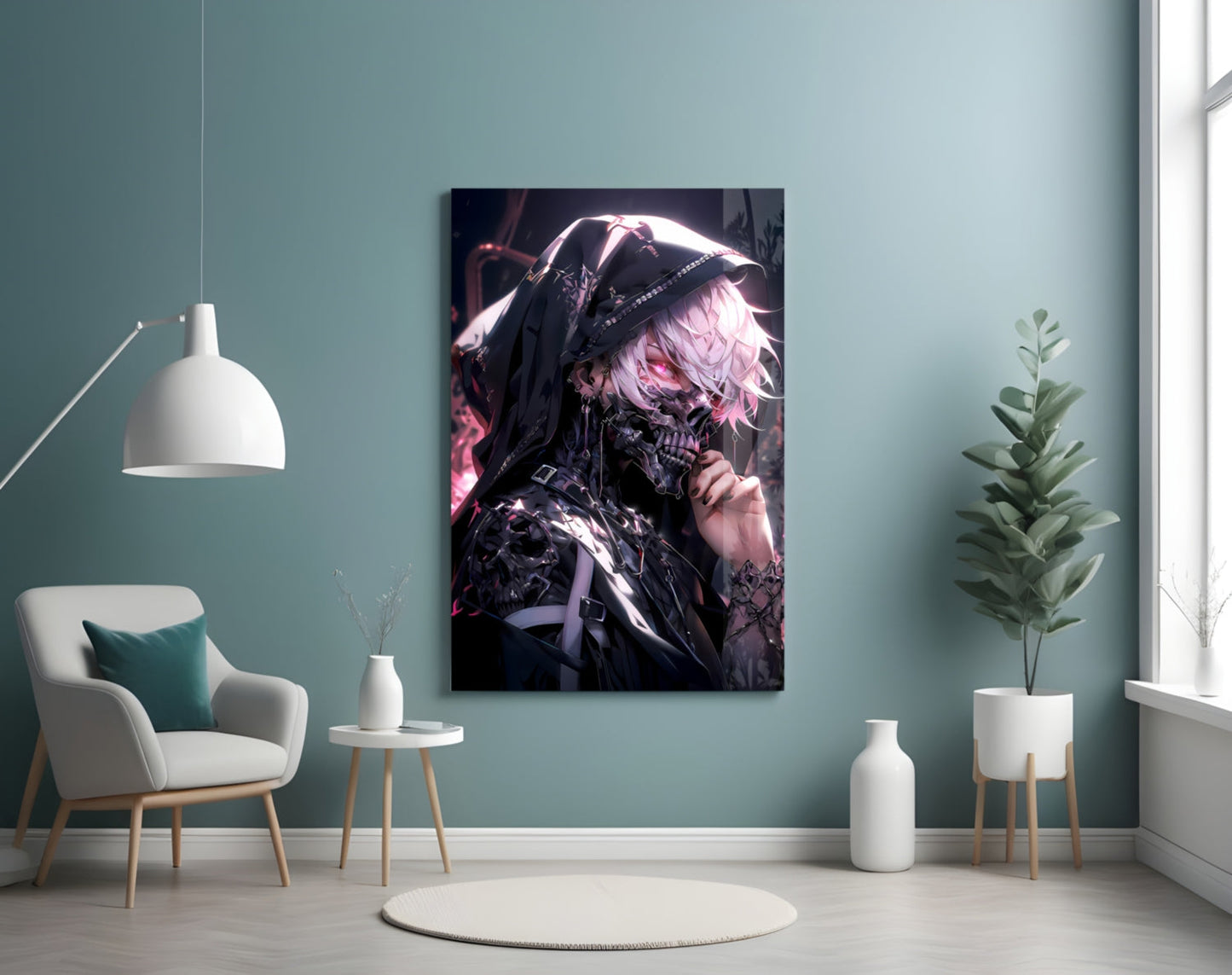 Shadow Queen Glass Wall Art mounted on teal wall above white chair, displaying pink-haired character in black armor with glowing details.