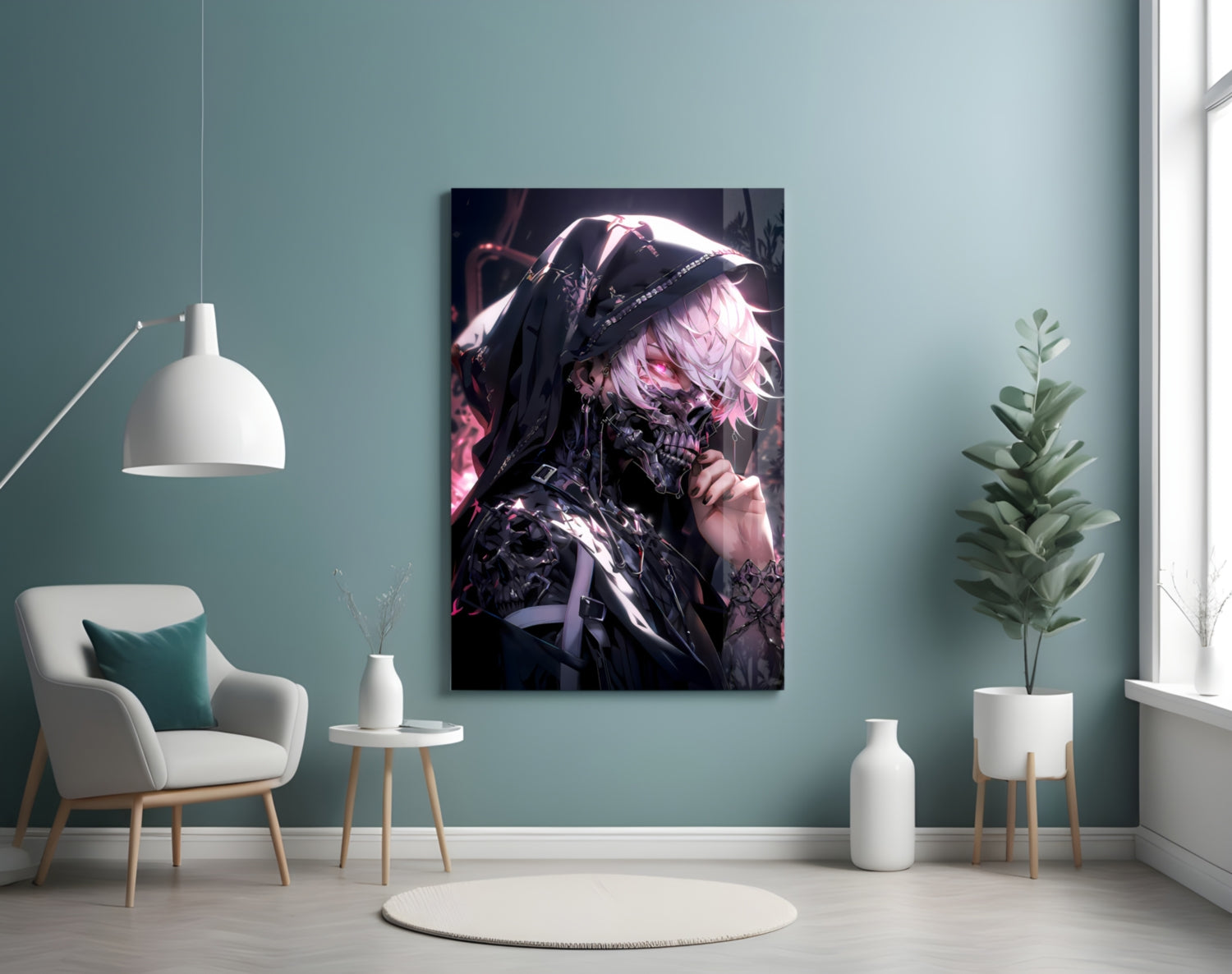 Shadow Queen Glass Wall Art mounted on teal wall above white chair, displaying pink-haired character in black armor with glowing details.