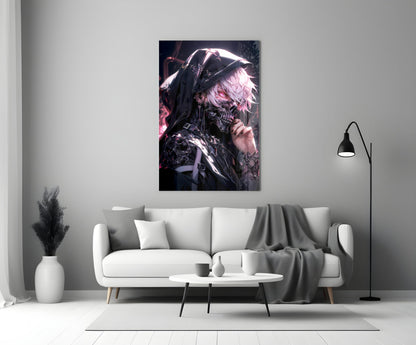 Shadow Queen Glass Wall Art hanging above white sofa in modern living room, showing pink-haired character with skull makeup in dark clothing.