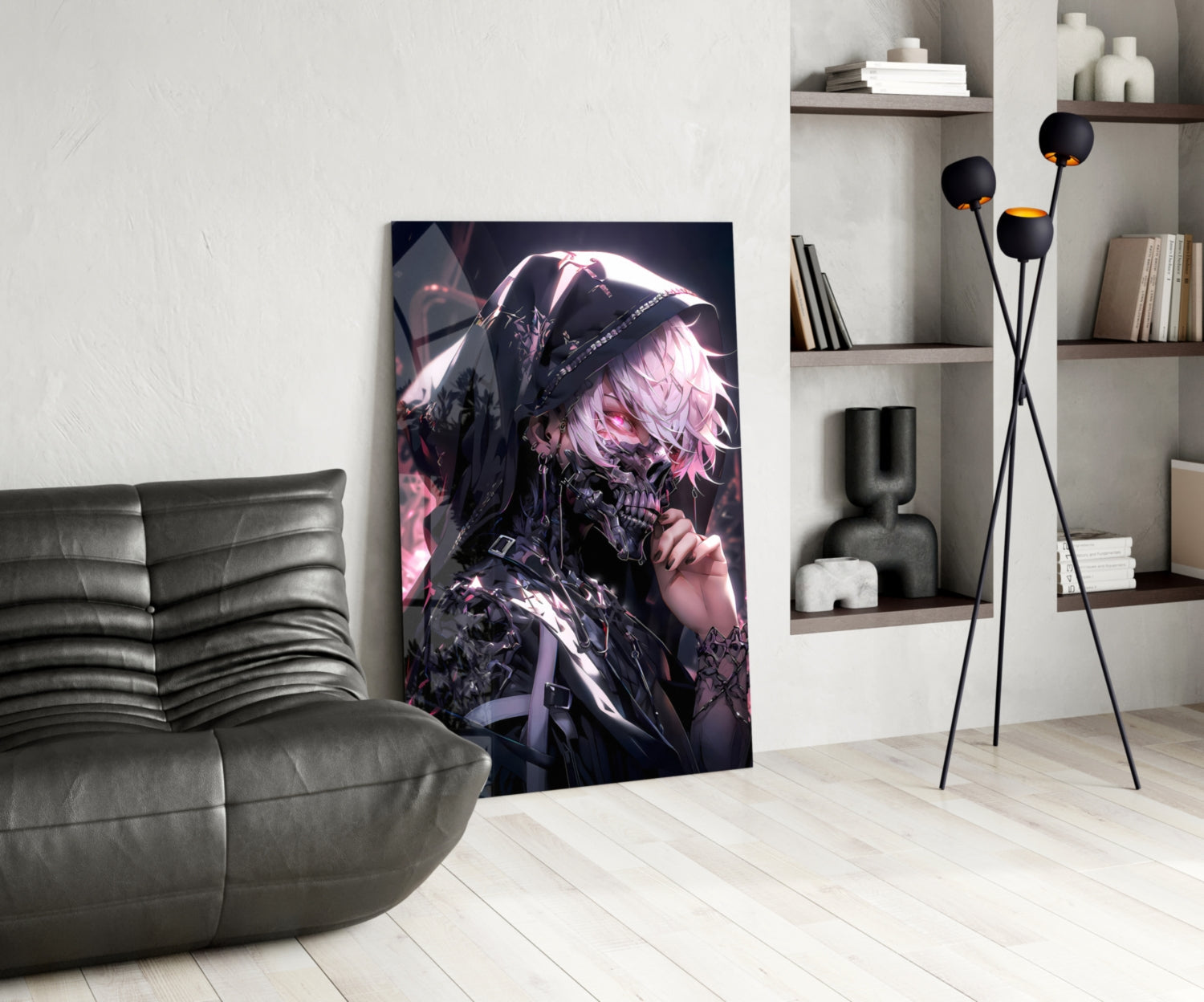 Dark anime character with pink hair and black outfit displayed as vertical glass wall art in modern living room with gray sofa.