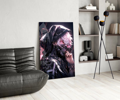 Dark anime character with pink hair and black outfit displayed as vertical glass wall art in modern living room with gray sofa.