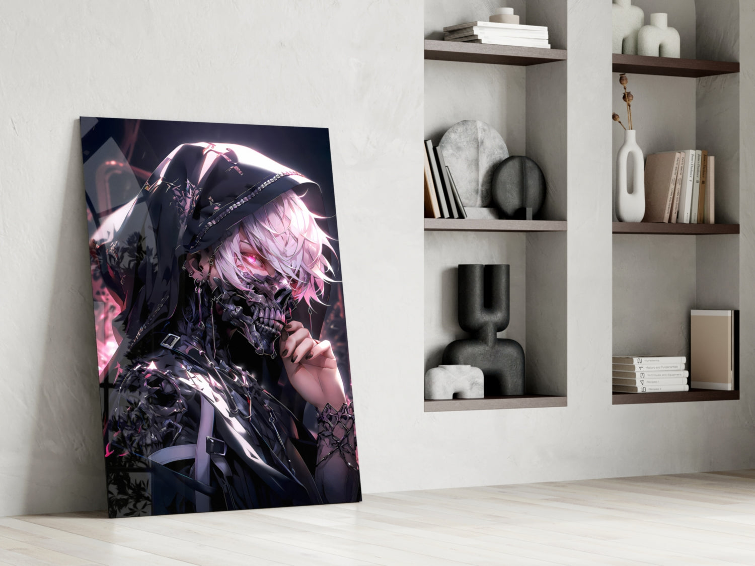 Glass wall art leaning against white wall displays anime character with pink hair, black outfit, and glowing pink lighting effects.