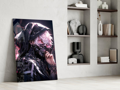 Glass wall art leaning against white wall displays anime character with pink hair, black outfit, and glowing pink lighting effects.