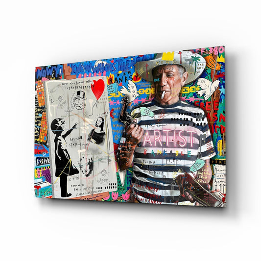 A colorful mixed-media glass art panel featuring a man with a saxophone wearing striped clothing, surrounded by vibrant graffiti-style text and abstract designs in black, white, and bright colors.