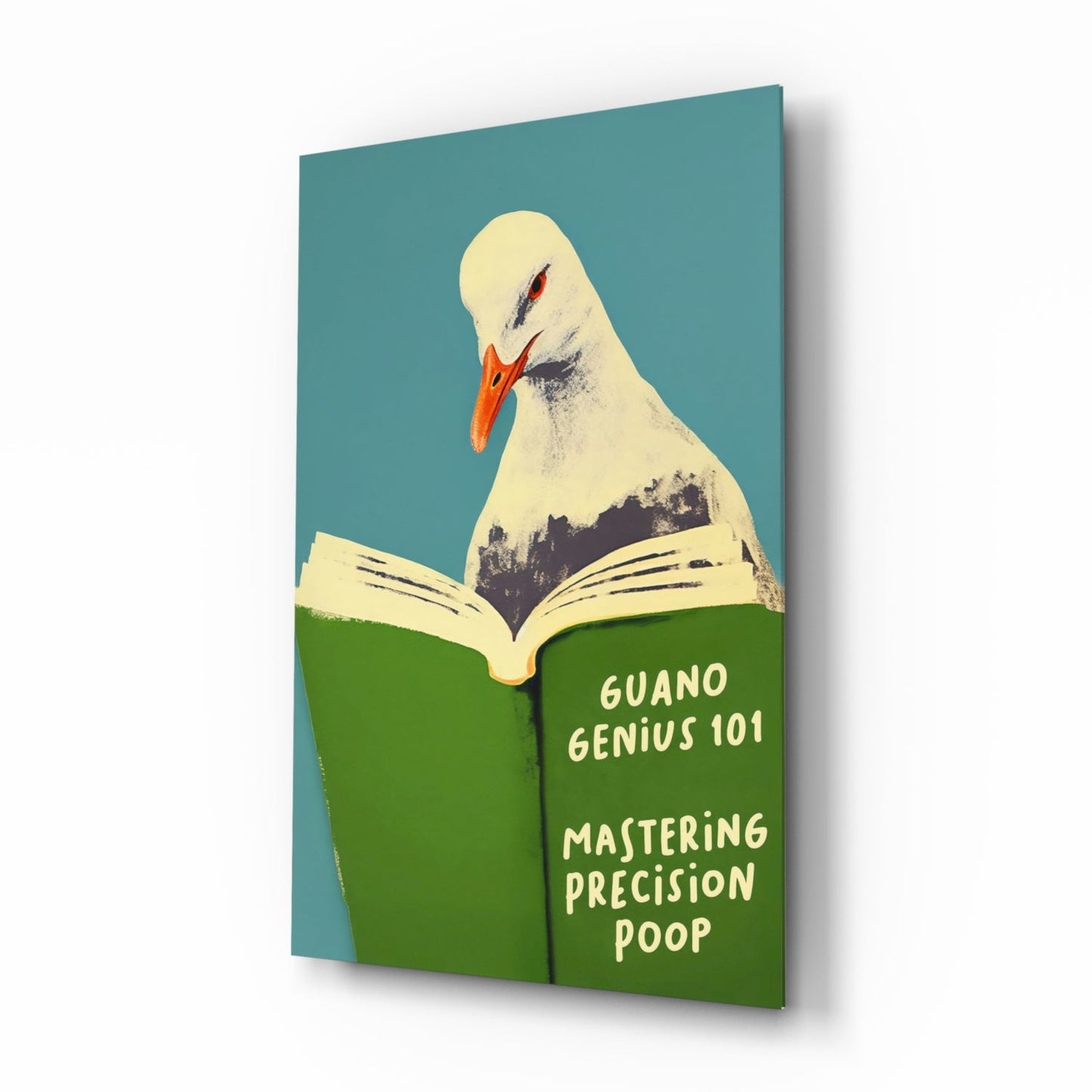 Glass wall art featuring a white seagull with orange beak reading a green book titled "Guano Genius 101: Mastering Precision Poop" against a teal background.