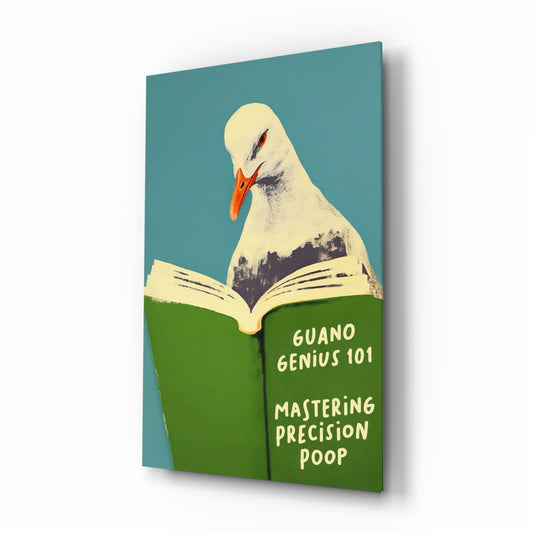 Glass wall art featuring a white seagull with orange beak reading a green book titled "Guano Genius 101: Mastering Precision Poop" against a teal background.