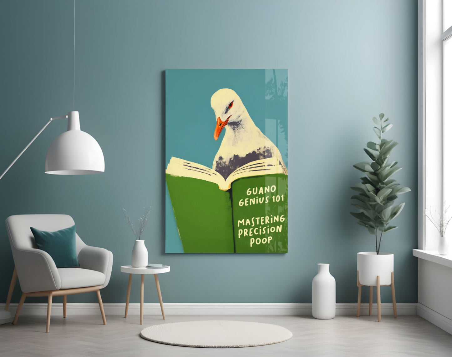 A humorous glass wall art depicting a white seagull reading a green book titled "Guano Genius 101: Mastering Precision Poop" against a teal background, displayed in a modern living room setting.