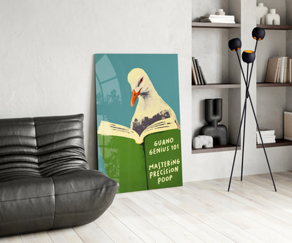 Canvas art depicting a seagull reading a green book titled "Guano Genius 101: Mastering Precision Poop" displayed in a modern living room.