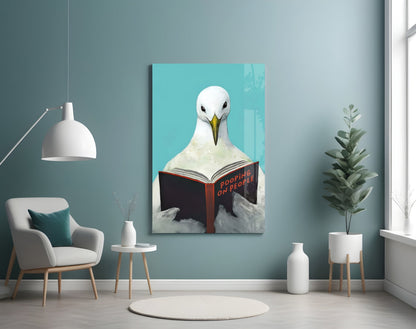 Turquoise Backdrop Seagull Reading Book Glass Wall Art
