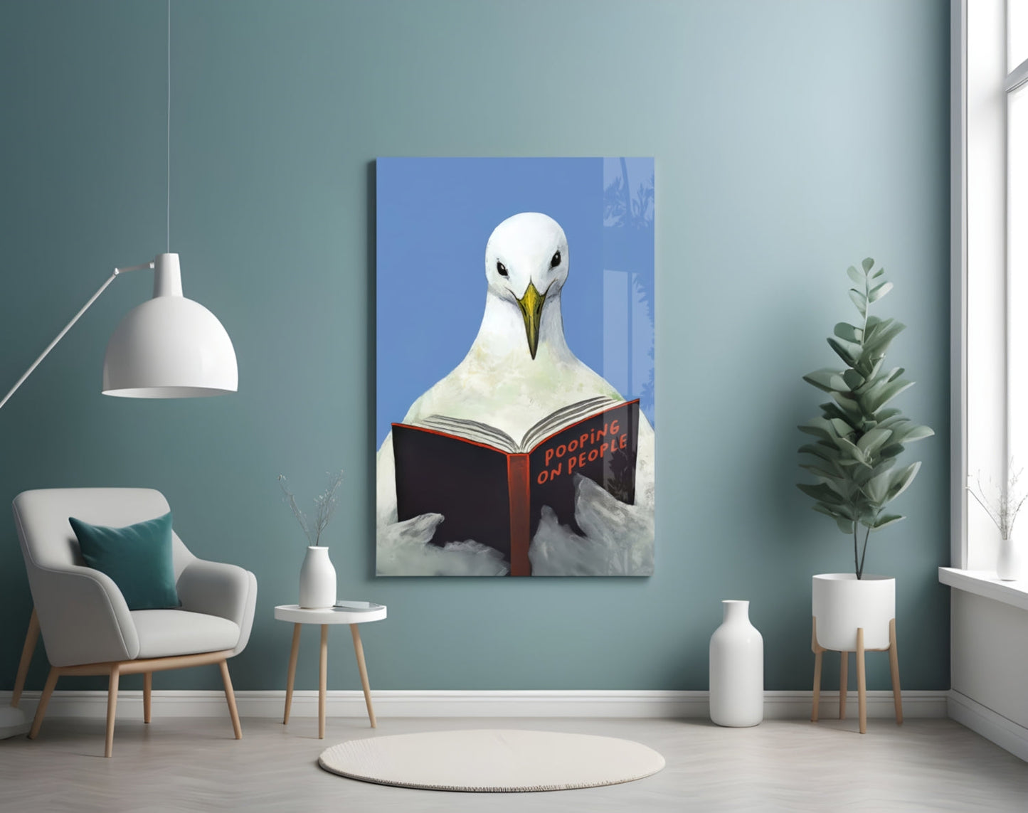 Blue Sky Seagull With Open Book Glass Wall Art
