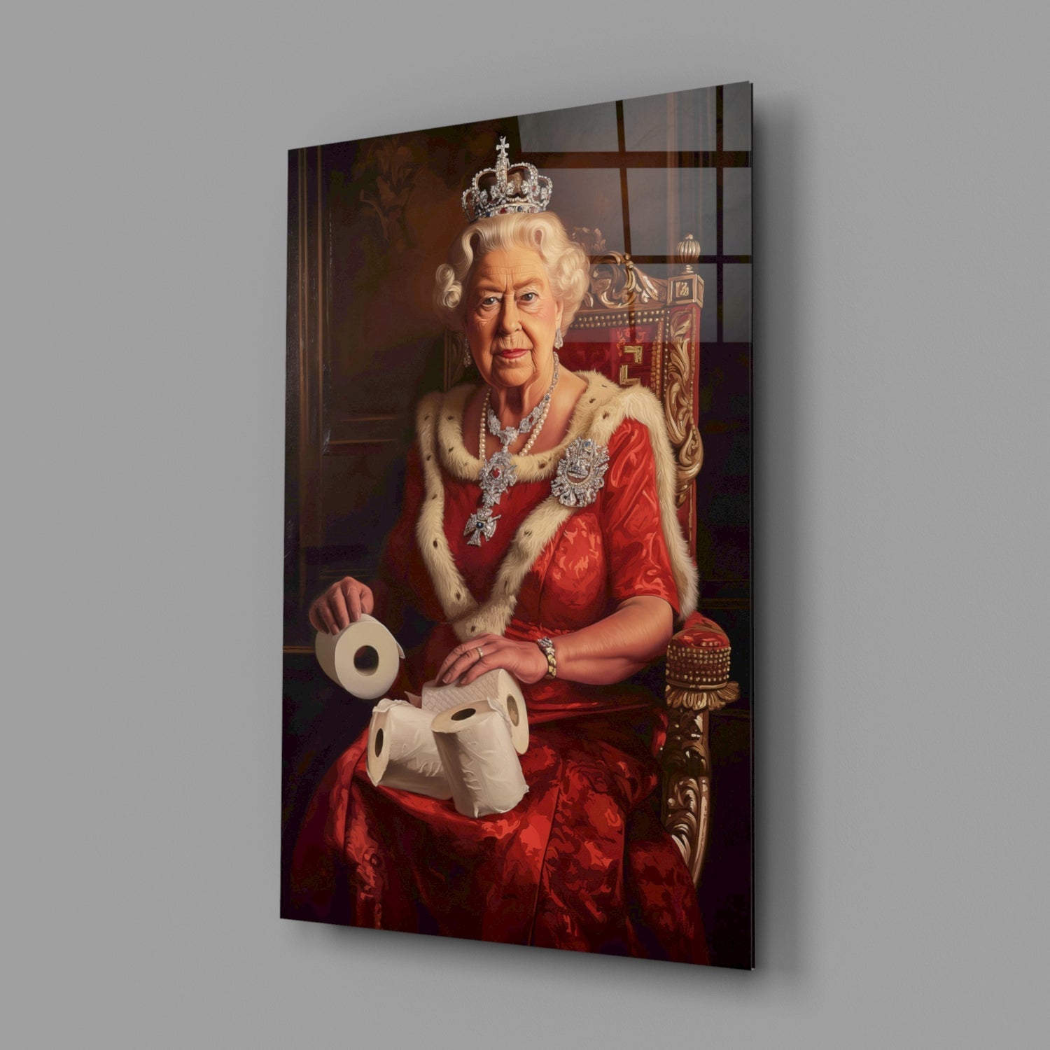 Angled view of glass wall art showing a figure in red royal regalia holding toilet paper rolls, mounted on gray background.