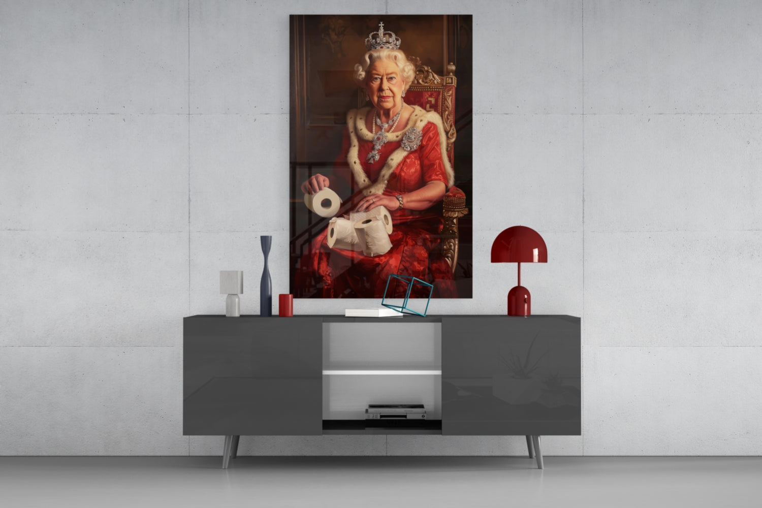 Royal portrait glass wall art displaying seated figure in red gown and crown, displayed above gray media console in modern interior.