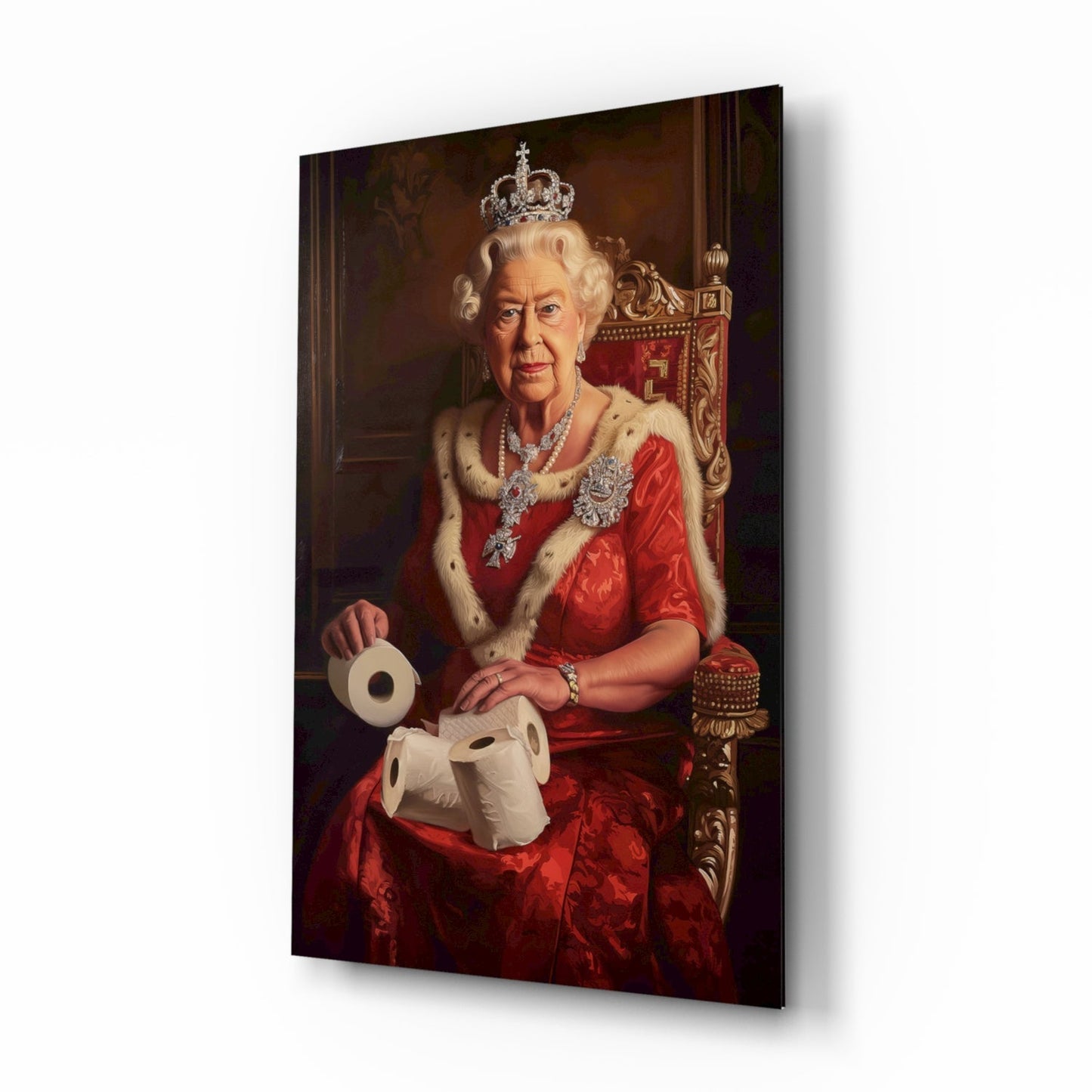 Three-quarter angled view of glass wall art depicting an elderly woman in red regalia holding rolls of toilet paper, displayed against white background.