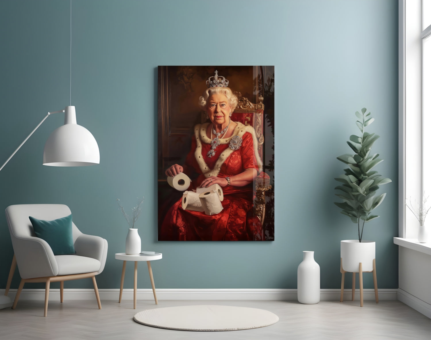 Glass wall art depicting a figure in red regalia with crown and jewels displayed in a contemporary living room setting.
