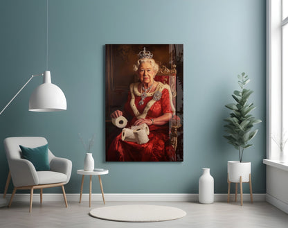 Glass wall art depicting a figure in red regalia with crown and jewels displayed in a contemporary living room setting.