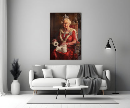 Glass wall art depicting a figure in red regalia and crown holding toilet paper rolls, displayed above a white sofa in a modern living room.