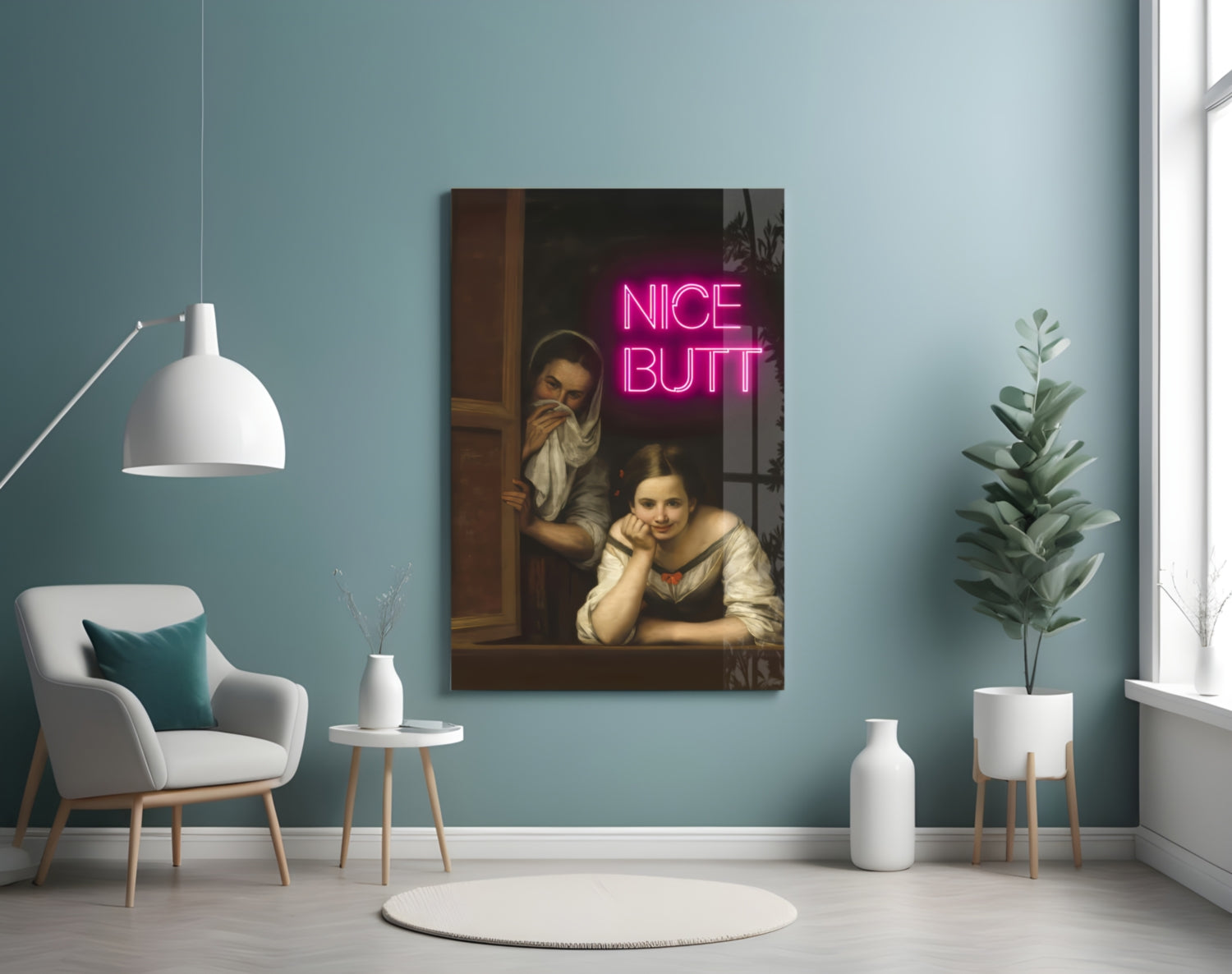 Modern living room interior with turquoise walls featuring neon "Nice Butt" wall art above white chair and potted plants.