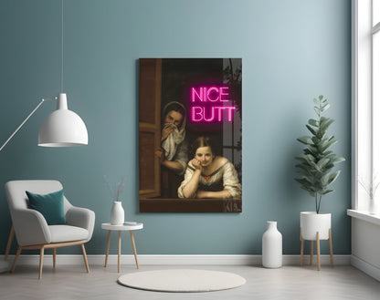 Modern living room interior with turquoise walls featuring neon "Nice Butt" wall art above white chair and potted plants.