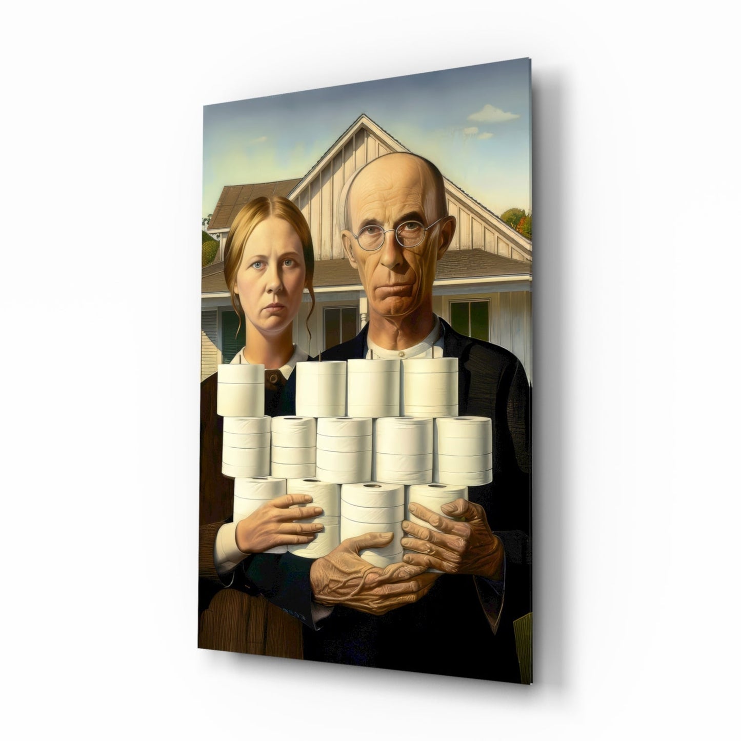 Glass wall art featuring two figures in dark clothing holding stacked white rolls against a farmhouse backdrop.