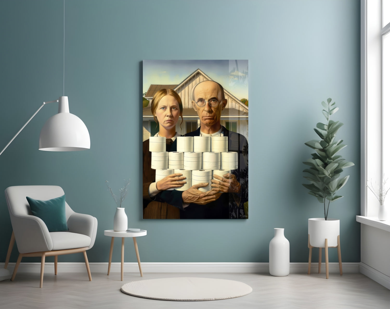 Glass wall art featuring two figures holding stacked white cans against a farmhouse backdrop, displayed in a modern interior room.