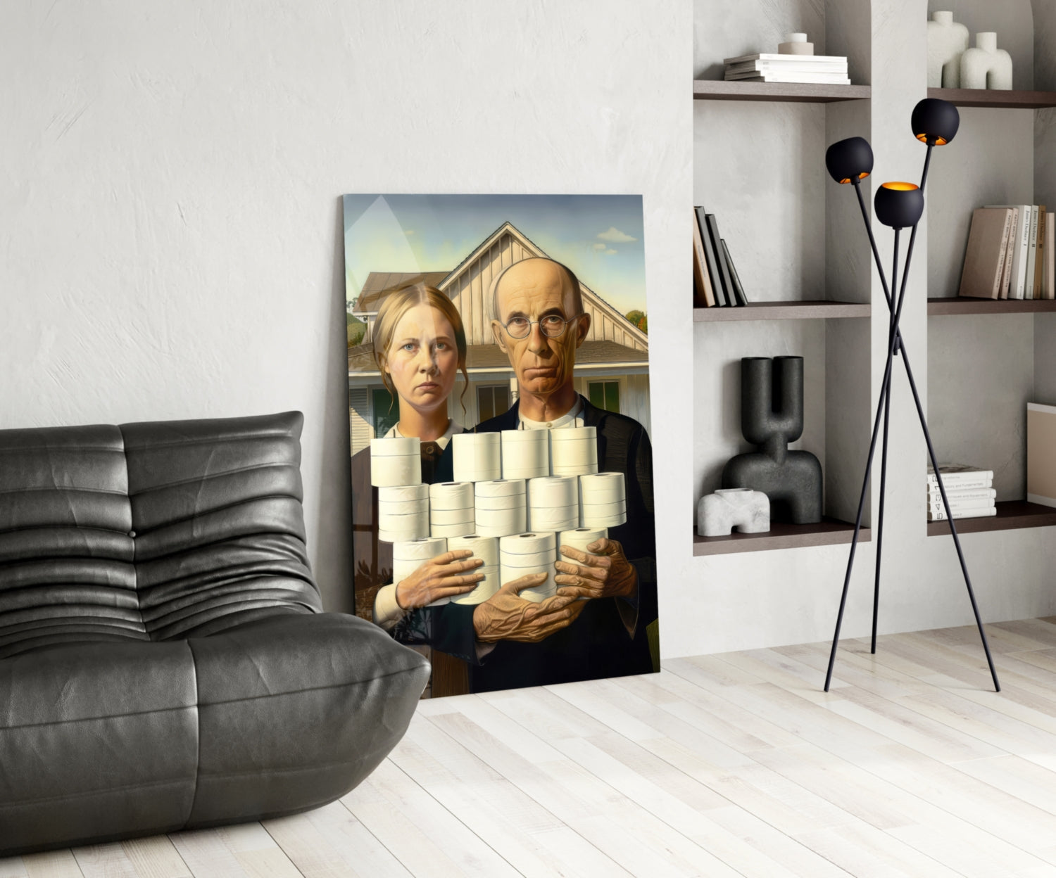 Modern living room displaying glass wall art of two figures holding stacked cream cans against farmhouse backdrop.