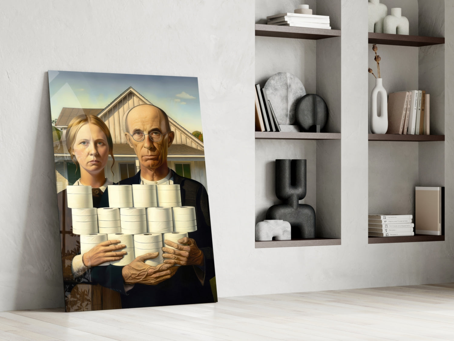 Glass wall art featuring American Gothic painting with white cans leaning against white wall beside wooden shelving unit.