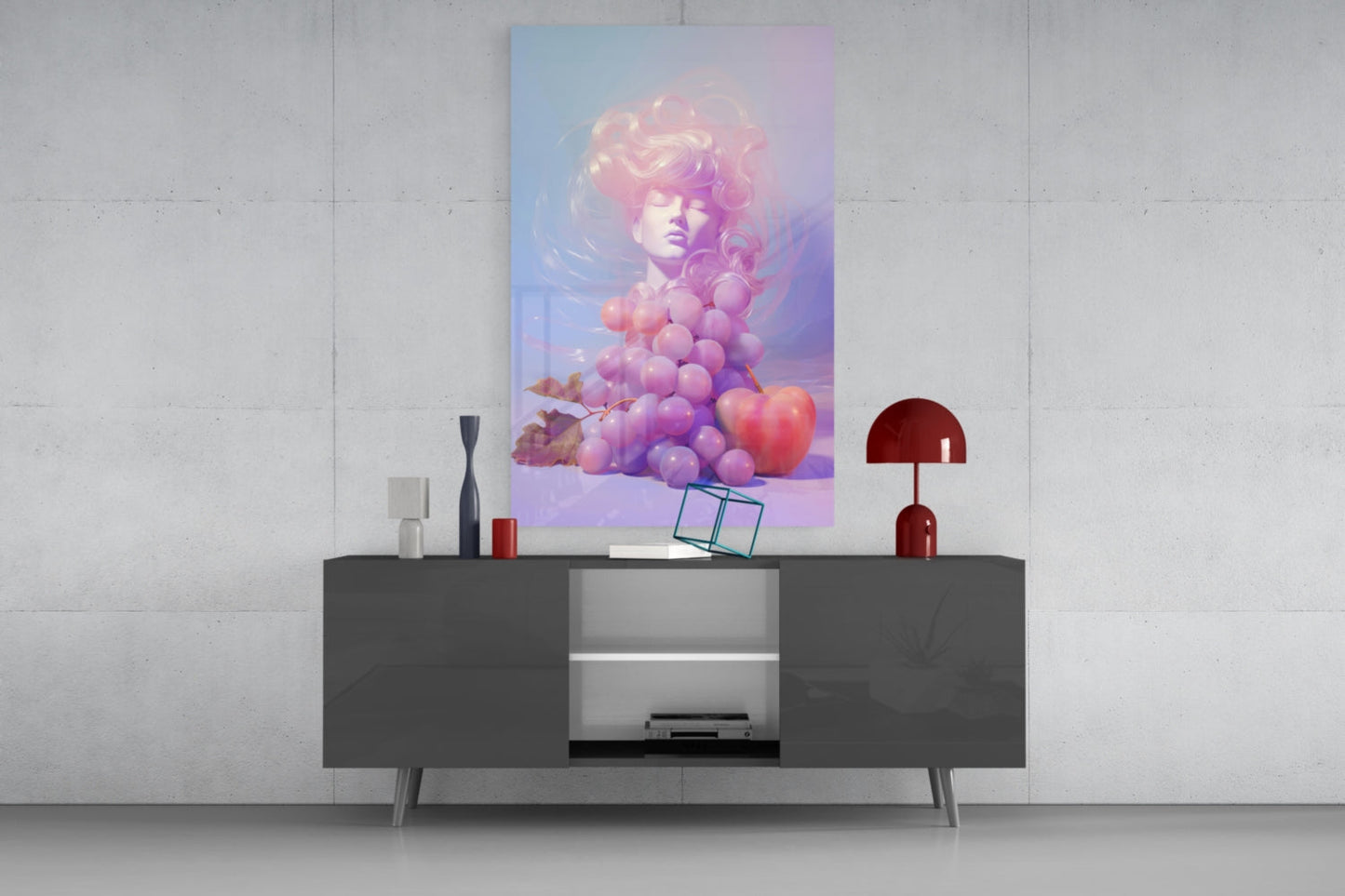 Vertical glass wall art featuring a surreal portrait with pink and purple gradient tones, displayed above a dark console table in a modern interior setting.