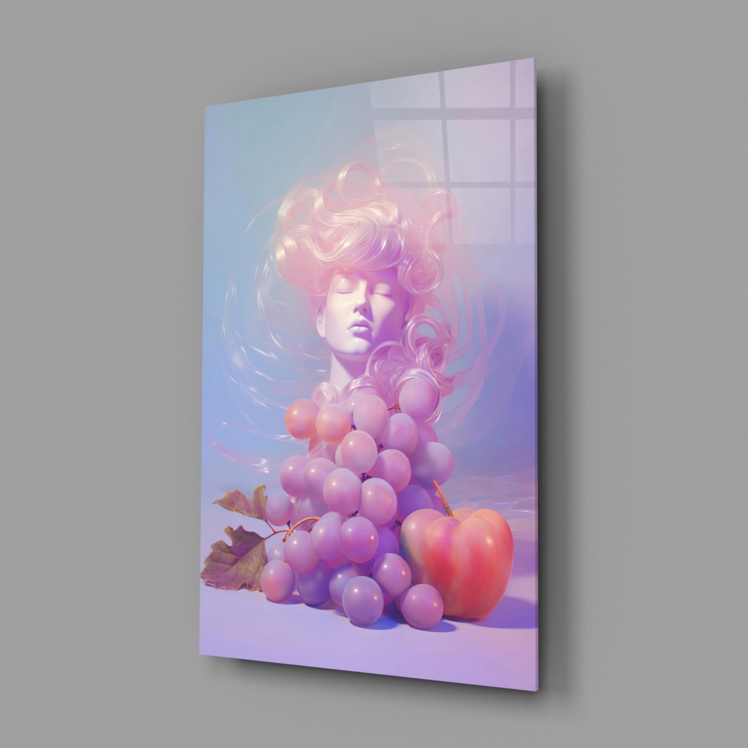 Angled view of glass wall art featuring a serene face with pink hair surrounded by glowing purple grapes and a red apple against a gradient blue-to-purple background.