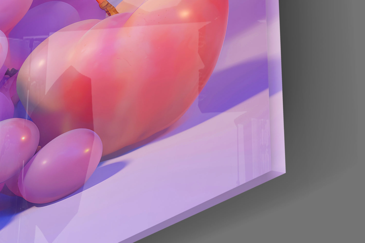 Close-up angled view of translucent purple and pink glass spheres with warm light reflections against neutral background.