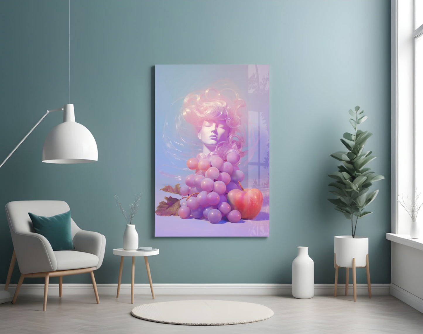 Framed glass wall art displaying a sculptural figure with glowing pink and purple grapes in a modern interior setting.