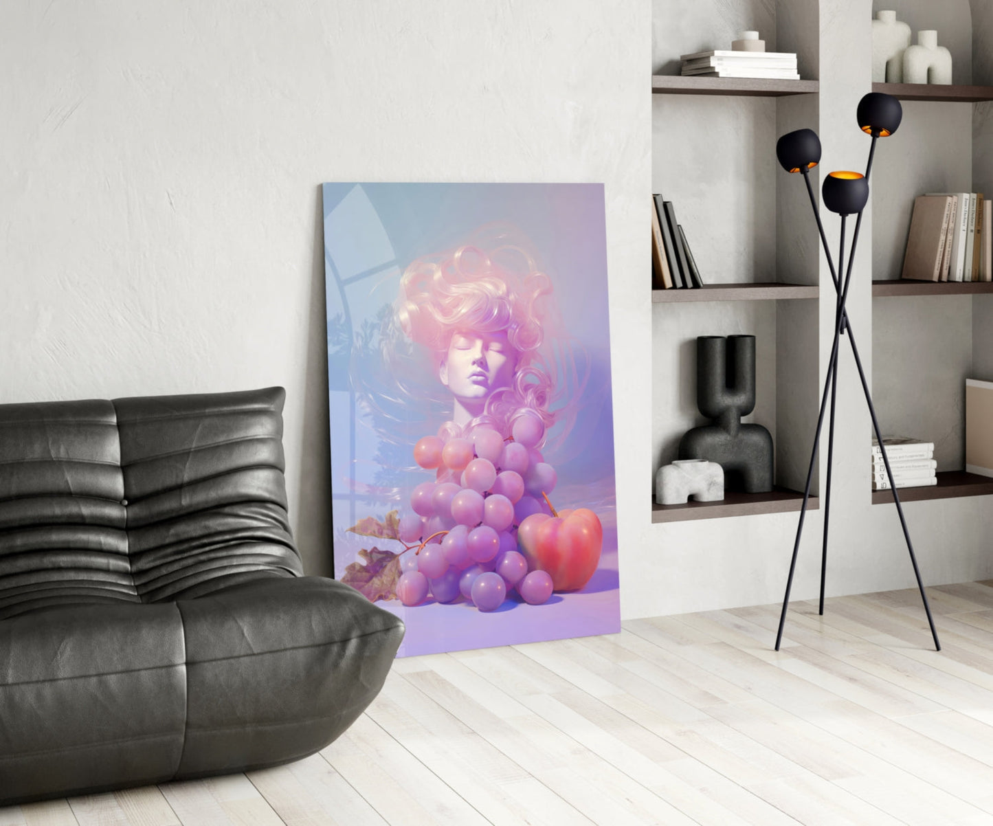 Modern living room displaying gradient purple and pink glass wall art featuring a classical female bust surrounded by spherical fruits and leaves.