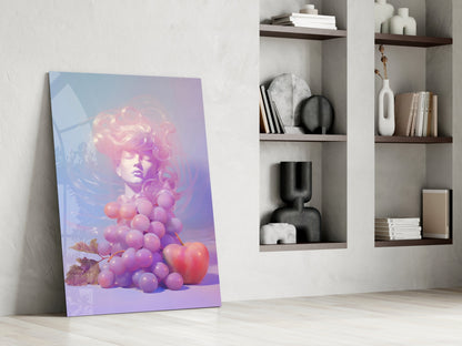 Modern interior room displaying glass wall art leaning against white wall, featuring pink and purple gradient with woman's face and grapes.
