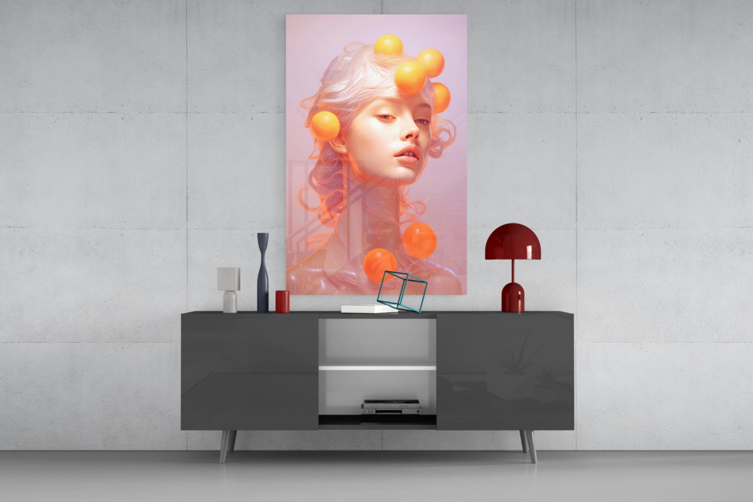 Modern living room setting showing pink portrait artwork with orange spheres displayed above dark gray media console with decorative accessories.