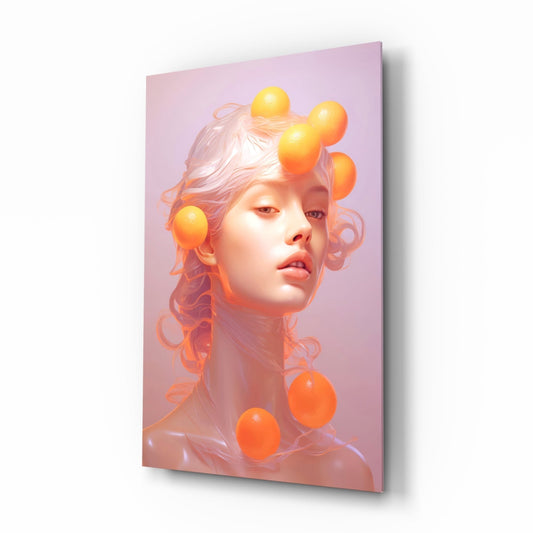 Glass wall art featuring a stylized female portrait with flowing hair and glowing orange spheres against a pink gradient background, displayed at an angled perspective.