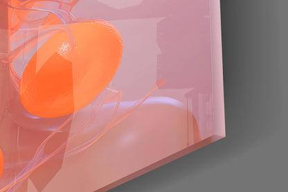 Close-up angled view of vibrant orange spherical glass art piece against translucent pink background with curved glass elements.