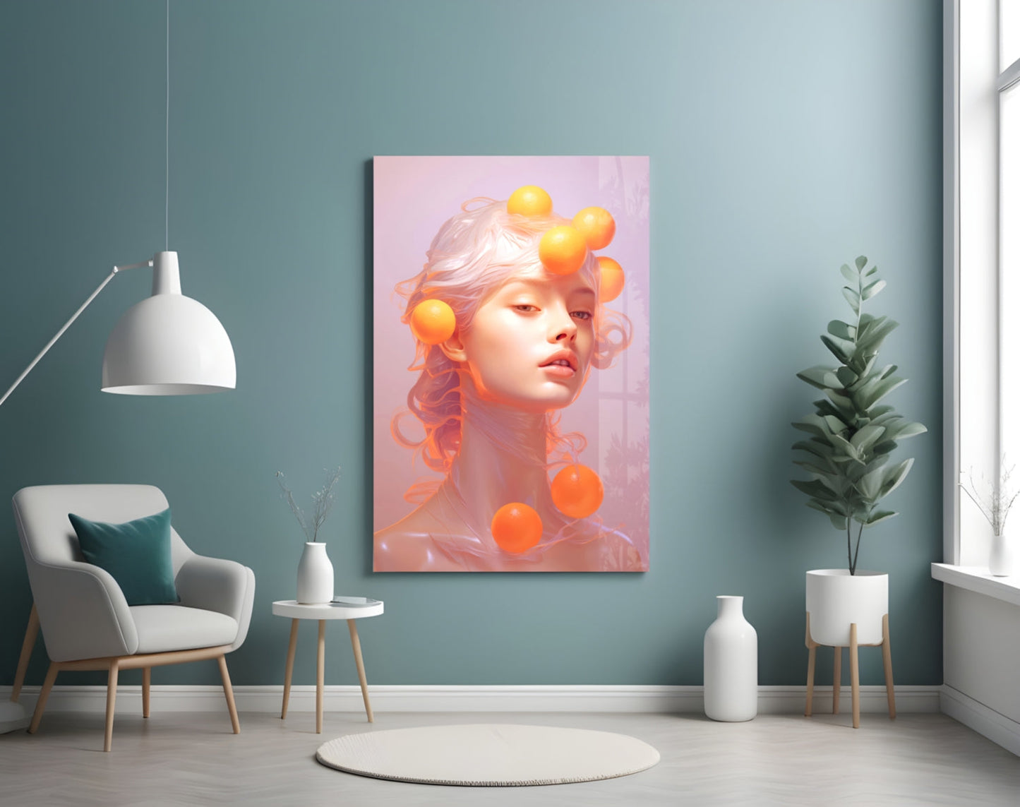 Modern living room interior featuring teal walls with a portrait canvas displaying a woman with curled hair and orange spheres.