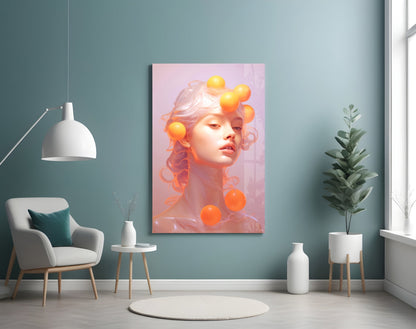 Modern living room interior featuring teal walls with a portrait canvas displaying a woman with curled hair and orange spheres.