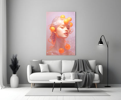 Queen of Orange glass wall art displayed above a white sofa in a minimalist living room setting.