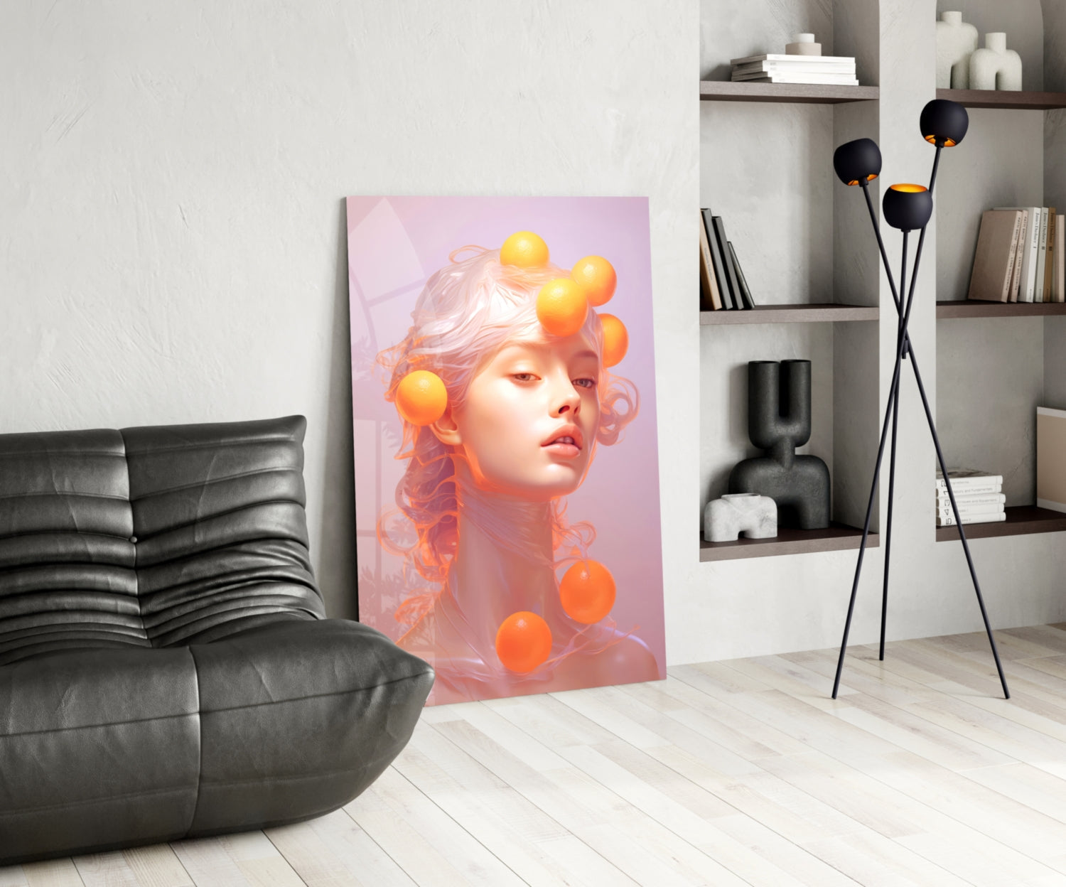 Modern living room interior featuring a pink glass wall art panel with an illustrated woman's face and floating orange spheres, displayed beside a black leather chair and tall floor lamp.