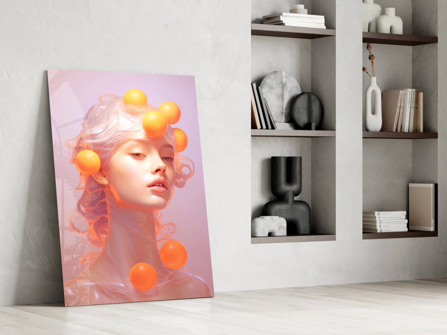 Glass wall art leaning against white wall displays woman's face with orange spheres and pink gradient background, displayed in modern interior setting.