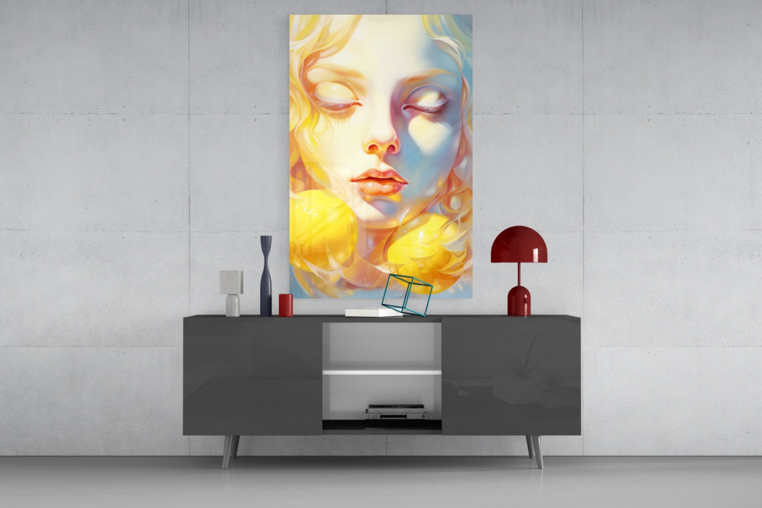 Colorful glass wall art featuring a woman's face in yellow and blue tones displayed above a dark console table with decorative accessories.