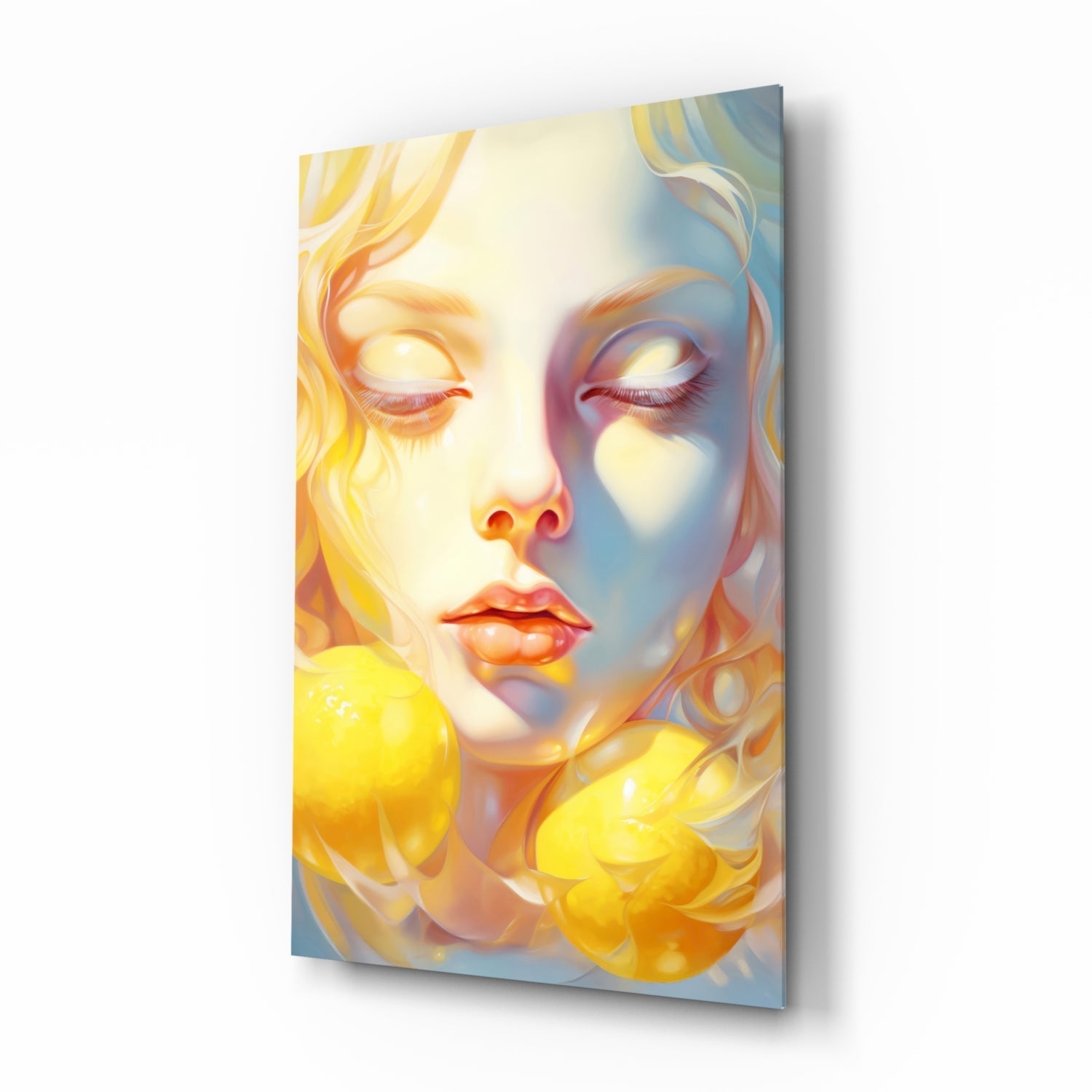 Glass wall art panel displaying a stylized female face with closed eyes, yellow and blue gradient hair, glowing skin tones, and warm peachy-orange lighting effects.