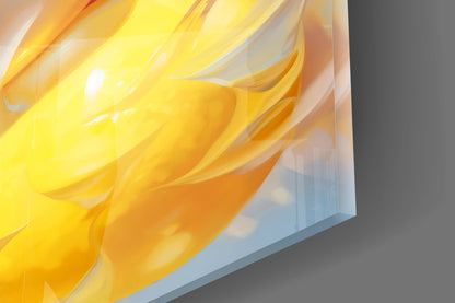 Close-up angled view of yellow and orange swirled glass wall art with glossy surface and light reflections against gray background.