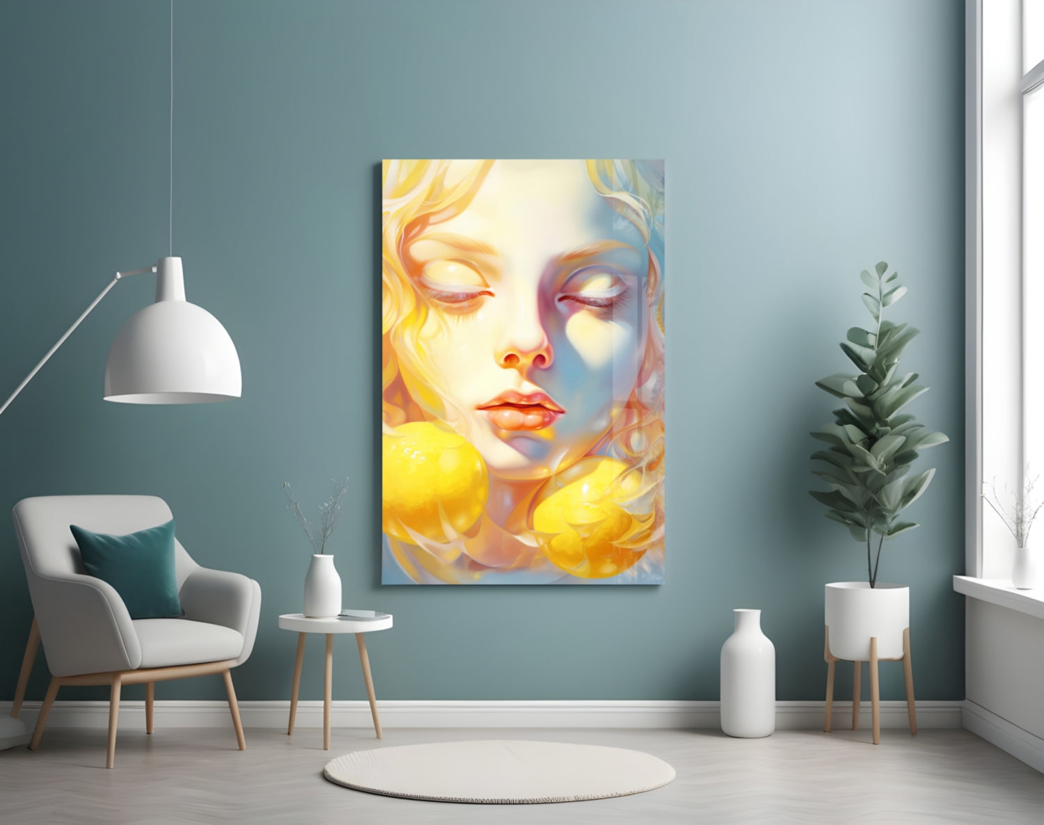 Colorful glass wall art depicting a stylized female face with yellow and blue tones displayed in a modern living room setting.